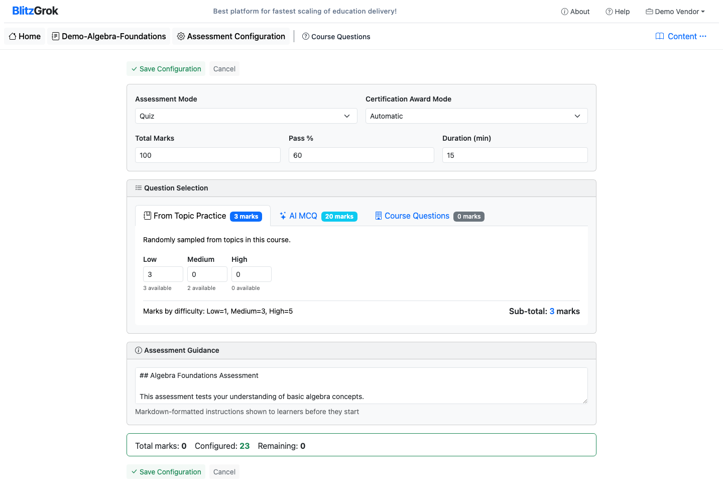 Topic Practice tab in assessment editor