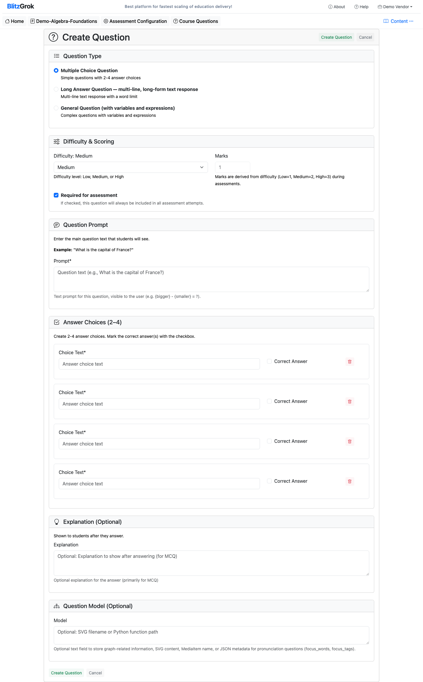 Question type selector on the create form